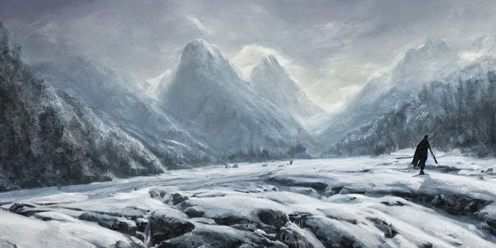 Image similar to A majestic landscape featuring a river, mountains and a forest. A small group of birds is flying in the sky. Harsh winter. very windy. There is a man walking in a deep snow.Camera is positioned behind the man. Cinematic, very beautiful, painting in the style of Lord of the rings