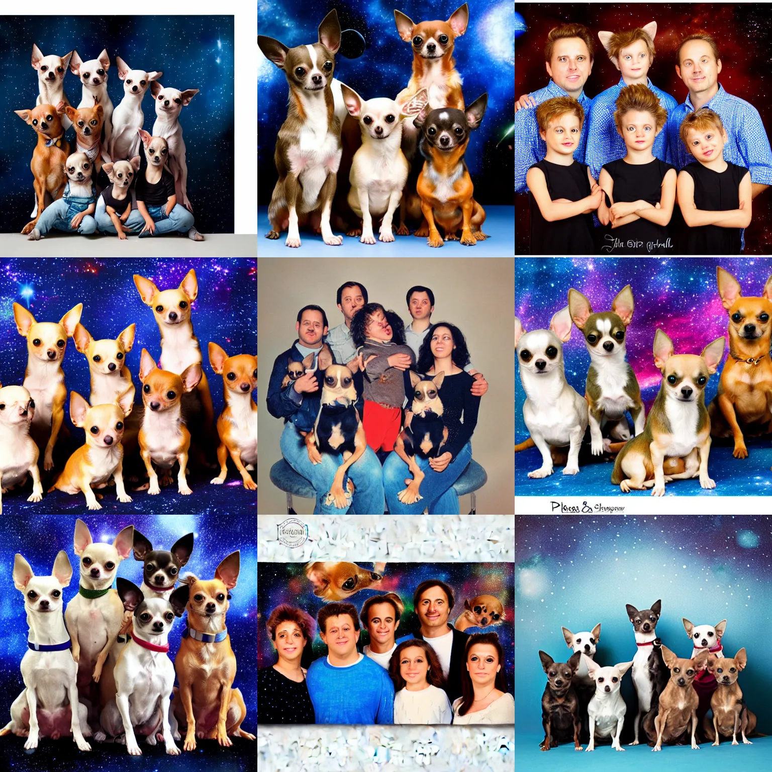 Prompt: 8 headed Chihuahua studio family portrait 80s space backdrop