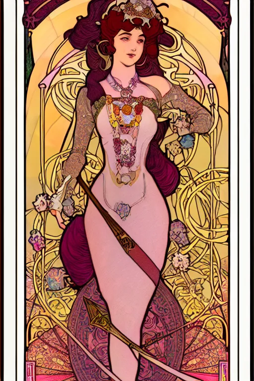 Image similar to full length portrait of princess peach art nouveau, tarot card by mucha, gaudy colors, sharp edges, octane render, intricate linework.