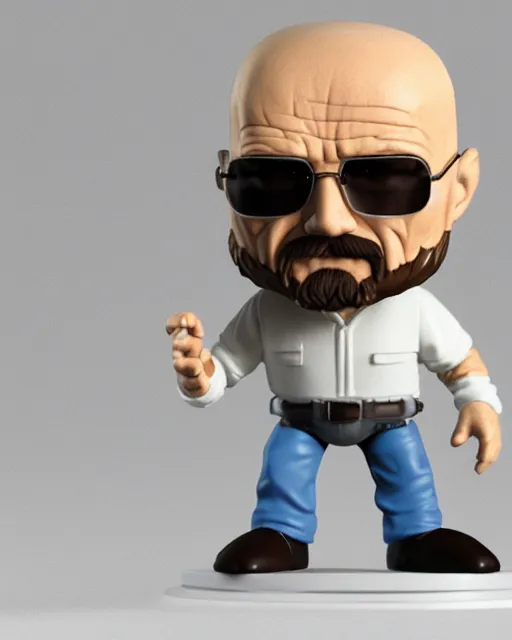 Image similar to full body 3d render of Walter White as a funko pop, studio lighting, white background, blender, trending on artstation, 8k, highly detailed