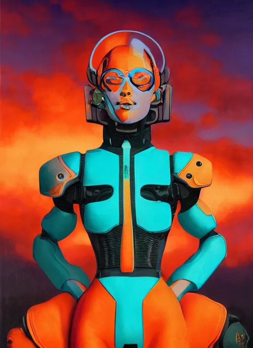 Image similar to symmetry!! dynamic pose! closeup portrait of a cyborg agile girl, high fashion cyborg jumpsuit, shoulder pads, cinematic light, backlight, teal orange, clouds, sunset, by gerald brom, by mikhail vrubel, by peter elson, muted colors, extreme detail, trending on artstation, 8 k