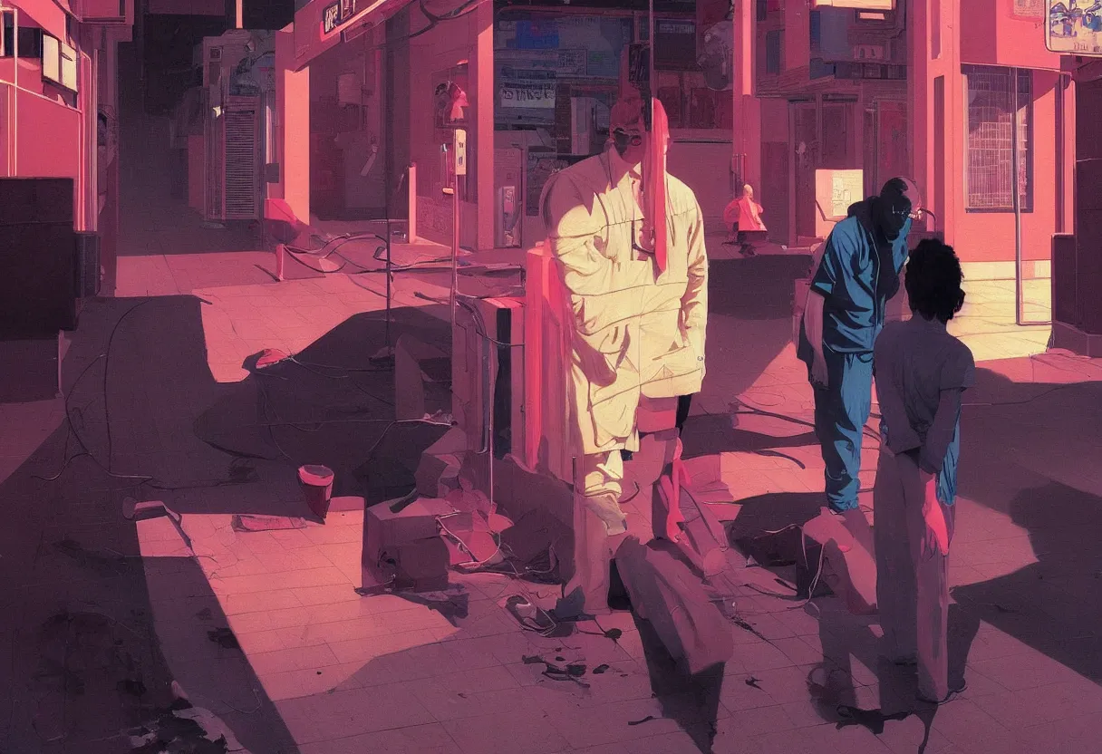 Image similar to sad and heartbreaking painting of todd solondz asking for help in the empty streets of tel aviv, vivid colors, neon, art by ( ( ( kuvshinov ilya ) ) ) and wayne barlowe and francis bacon and artgerm and wlop and william - adolphe bouguereau