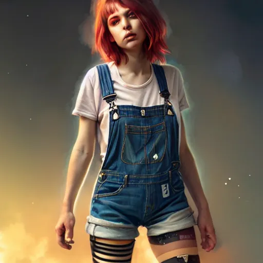 Image similar to full body pose, grungy alice, torn overalls, short shorts, combat boots, fishnets, beautiful, highly detailed face, true anatomy!, extremely detailed!, digital painting, unreal engine 5, art by tom bagshaw