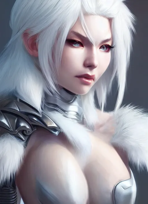 Image similar to fur - lined armor!!! beautiful and elegant white haired female!! gorgeous ayes!! character concept art, sharp focus, octane render! unreal engine 5! highly rendered!! trending on artstation!! detailed linework!! illustration by artgerm, wlop, and chie yoshii