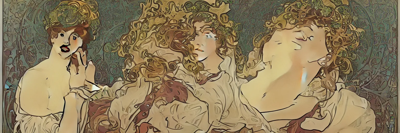 Prompt: Colab between alphonse mucha and Rene Magritte