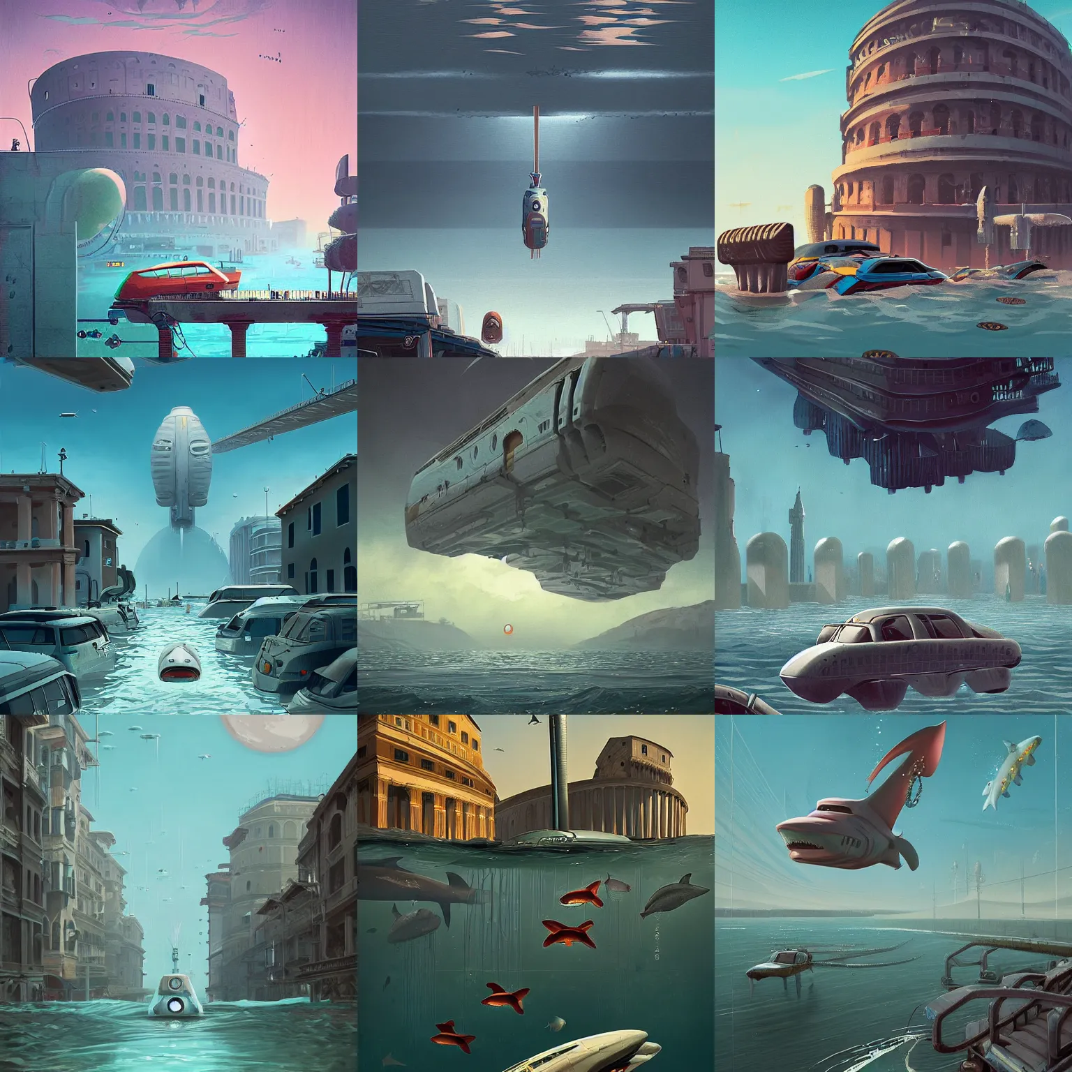 Prompt: rome under water in 2 0 7 7 by simon stalenhag, flying cars, retrofuturism, white sharks, hd