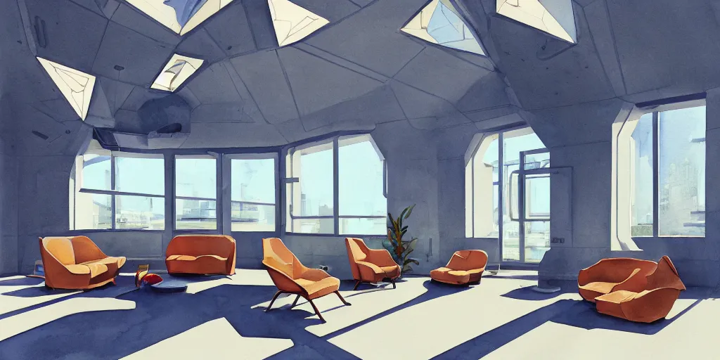 Image similar to a beautiful illustration of futuristic interior studio, lots of furniture, sofa, waiting room, big medium small, sacred geometry, golden ratio, in watercolor gouache detailed paintings, in style of syd mead, trending on artstation, 8 k, panel, hard surface, vent, zaha hadid, props, plant, cozy, decoration,, simon stalenhag, deus ex