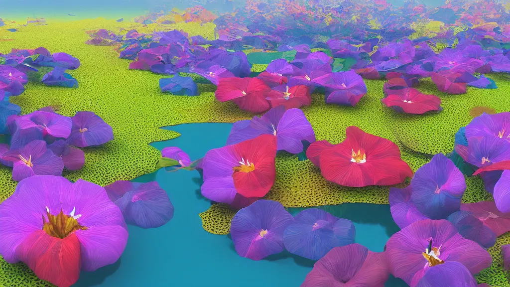 Prompt: digital illustration of a lake full of multi - colored megaflora morning glory flowers by dr. seuss, reimagined by ilm and beeple : 1 | spectral color, electric color, rolling hills : 0. 9 | fantasy : 0. 9 | unreal engine, deviantart, artstation, hd, 8 k resolution : 0. 8