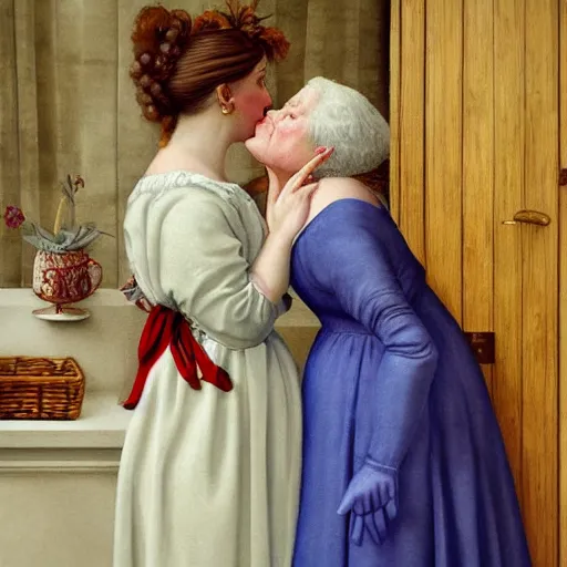 Image similar to a very funny stylize oil painting in renaissance style of a sweet fat old woman kissing her reflection. symmetry face, red mouth, blue eyes. flowery dress. hyper realistic scene. 3 d, octane render, deep focus, white scene. very funny and sweet image. unreal engine. watercolor. fellini style. poster quality. klee style.