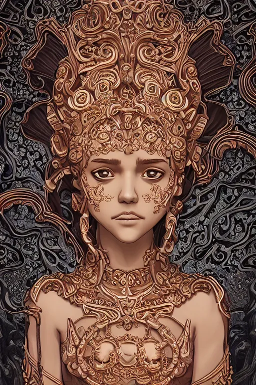 Image similar to skin made of ornate portrait of a wrathful diety teen Jessica Alba, ornate skin, ancient relief carving background, incredible, anime, Digital 2D, animated by Kyoto Animation, Studio Ghibli, Miyazaki, AKIRA art style, by Laurie Greasley, beautiful, gorgeous, dramatic lighting, rule of thirds, perfect composition, trending on ArtStation, 4k, cropped