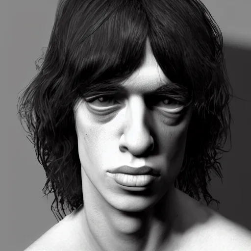 Image similar to The Lovechild of Joey Ramone and Young Mick Jagger, real life, hyperrealistic, ultra realistic, realistic, highly detailed, epic, HD quality, 8k resolution, body and headshot, front facing, front view, headshot and bodyshot, detailed face, very detailed face