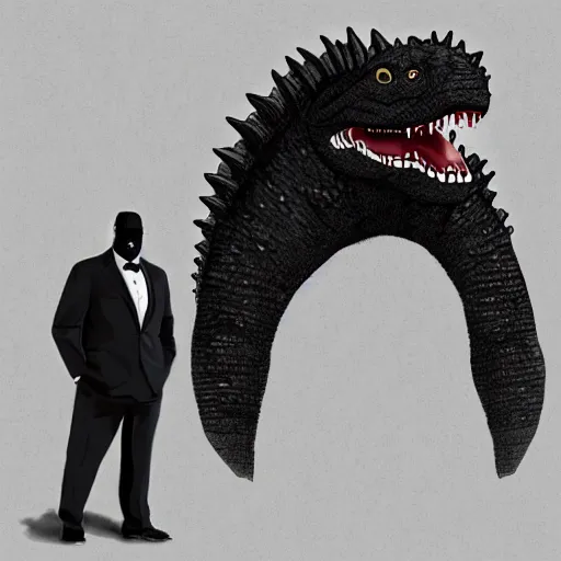 Image similar to black godzilla in a suit at the funeral