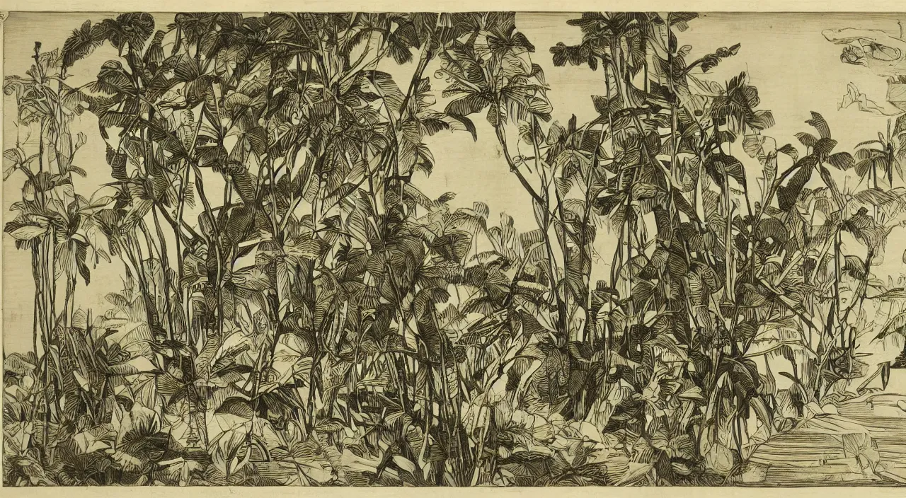 Prompt: a woodcut of the tropics made of orchids and timber by Endre Bálint and Barthel Bruyn the Younger