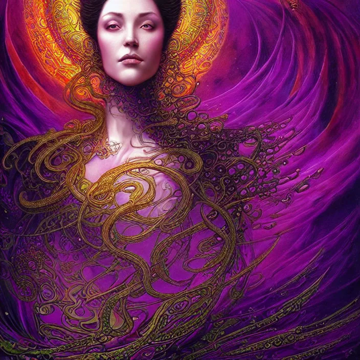 Prompt: depicting a beautiful female radiant holy cleric, in the style of h. p. lovecraft, exuberant organic elegant forms, by karol bak and filip hodas : : 1. 4 purple, red, blue, green, black intricate mandala explosions : : intuit art : : turbulent water backdrop : : damask wallpaper : : atmospheric