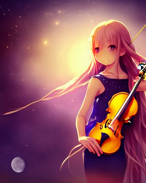 Image similar to teen, cute, full body, a female with white skin and golden long wavy hair holding a violin and playing a song, heavenly, stunning art style, filters applied, lunar time, night sky, trending art, sharp focus, centered, landscape shot, fate zero, simple background, studio ghibly makoto shinkai yuji yamaguchi, by wlop