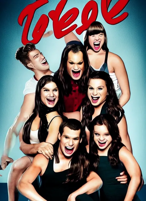 Image similar to glee sequel poster where rachel berry is the villain, evil lea michele cackling maniacally, with text, dark disturbing version of glee, airing in 2 0 2 3