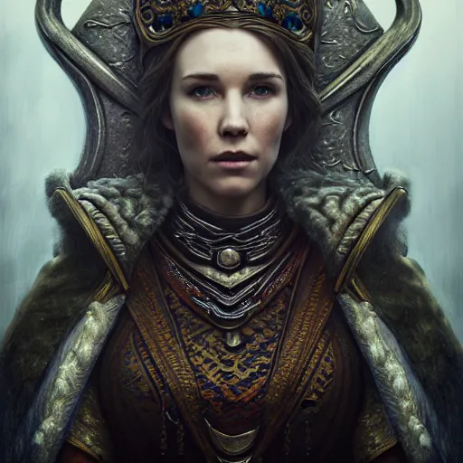 Image similar to the elder scrolls vi, charismatic regal brunette female jarl, portrait, throne room, atmospheric lighting, painted, intricate, volumetric lighting, beautiful, daytime, sunny weather, slight overcast, sharp focus, deep colours, ultra detailed, by leesha hannigan, ross tran, thierry doizon, kai carpenter, ignacio fernandez rios