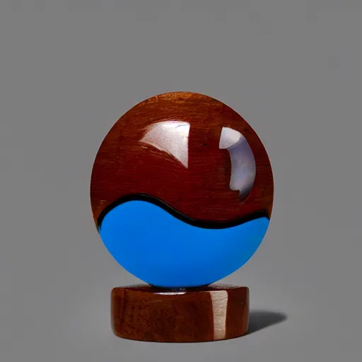 Image similar to a zoomed out studio product shot of a rounded carved smooth cherry wood and resin pikachu in profile, like a catalog photograph, where distinct sections of the carving are blue resin, but is mostly wood, with a smooth featureless minimalist short wooden nose with no nostrils, and a round minimalist behind