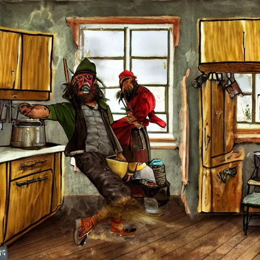 Prompt: british magical hobo breaks into some ork's kitchen and attacks them, 4 k, detailed, real life photo