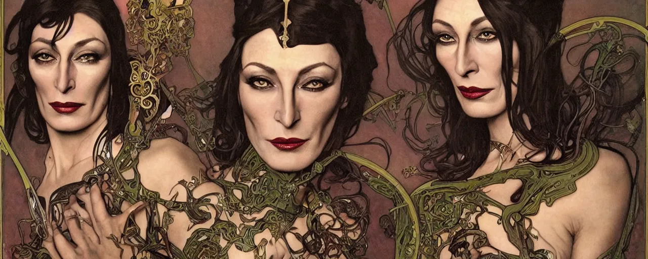 Prompt: stunning exotic art nouveau portrait of anjelica huston as an industrial dieselpunk queen of the night by glenn fabry, simon bisley and alphonse mucha, photorealism, extremely hyperdetailed, perfect symmetrical facial features, perfect anatomy, ornate declotage, spikes, latex, confident expression, wry smile, sinister eyes