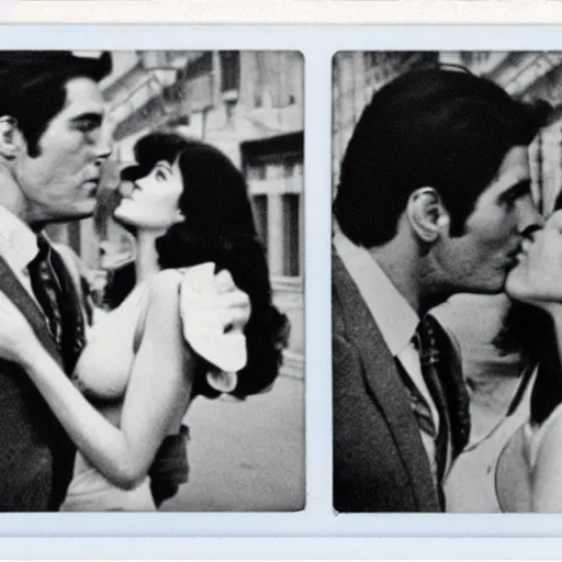Image similar to a polaroid photo of superman kissing lois lane while flying over metropolis in 1978