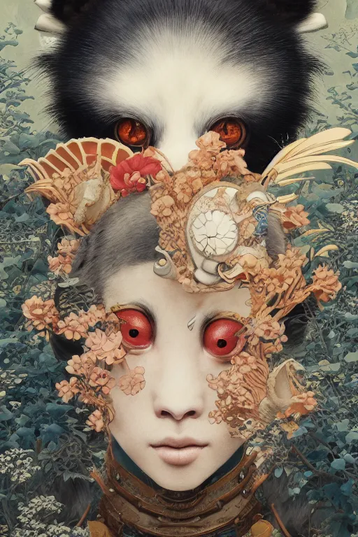 Image similar to a cover of japanese art magazine about animal by illustrated by miyazaki by karol bak, james jean, tom bagshaw, rococo, sharp focus, trending on artstation, cinematic lighting, hyper realism, octane render, 8 k, hyper detailed, vivid, ultra detailed, highly detailed