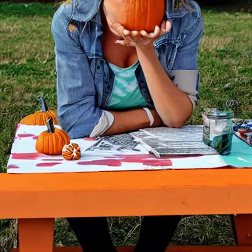 Image similar to A newspaper photo of a Caucasian woman sitting on a picnic table painting a funny face on a pumpkin