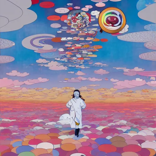 Image similar to a man walking on clouds away from the camera above kyoto by takashi murakami, beeple and james jean, aya takano color style, 4 k, super detailed, modern, 4 k, symmetrical