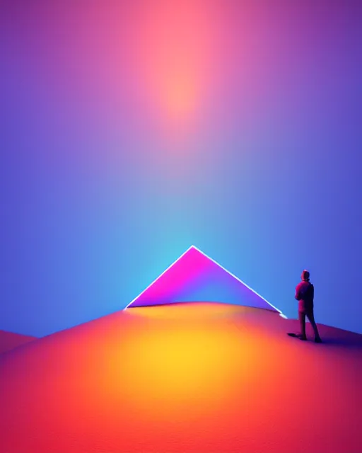 Image similar to a man standing in the middle of a mountain with a glowy neon triangle, a render by filip hodas, behance contest winner, environmental art, rendered in cinema 4 d, volumetric lighting