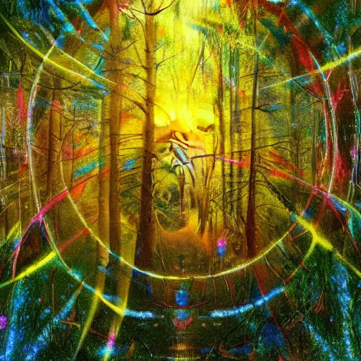 Image similar to psychedelic lush pine forest, outer space, milky way, amber eyes cat eyes designed by arnold bocklin, jules bastien - lepage, tarsila do amaral, wayne barlowe and gustave baumann, cheval michael, trending on artstation, star, sharp focus, colorful refracted sparkles and lines, soft light, 8 k 4 k