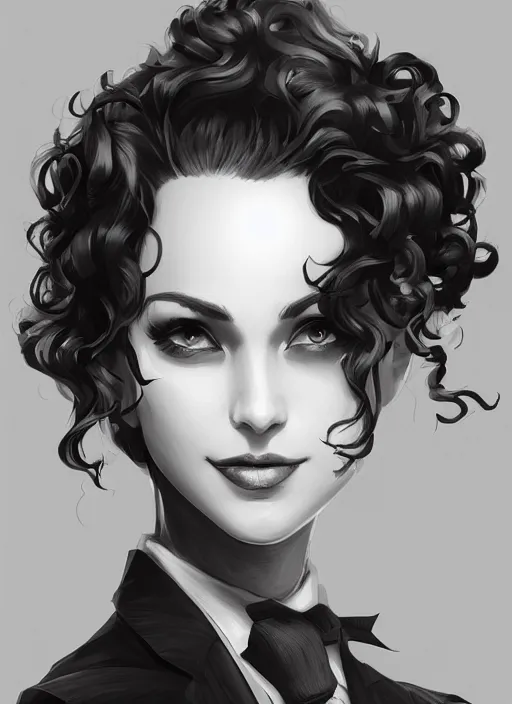 Image similar to a highly detailed illustration of curly short haired girl wearing noir hat and suit and tie, dramatic smiling pose, intricate, elegant, highly detailed, centered, digital painting, artstation, concept art, smooth, sharp focus, league of legends concept art, WLOP