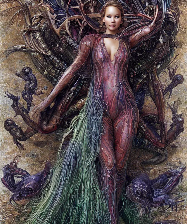 Prompt: a portrait photograph of jennifer lawrence as a strong alien harpy queen with amphibian skin. she is dressed in a colorful slimy organic membrane catsuit and transforming into an bird with an armored exoskeleton. by donato giancola, walton ford, ernst haeckel, peter mohrbacher, hr giger. 8 k, cgsociety, fashion editorial