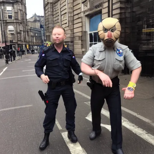 Prompt: Limmy as solid snake ballooning a policeman in Glasgow,