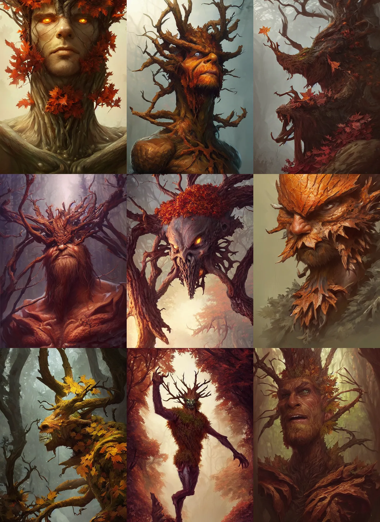 Prompt: autumnal treant, d & d, fantasy, portrait, highly detailed, digital painting, trending on artstation, concept art, sharp focus, illustration, art by artgerm and greg rutkowski and magali villeneuve