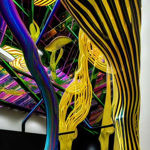 Prompt: psychedelic architectural section installation, art exhibition infected by night, biennale, lush abstract graphic shapes. victor horta, chihuly infected by night, extremely emotional abstract surrealist fluidic architecture. highly detailed. elegant minimalism. highly detailed. sharp focus. very lifelike organic forms, beautiful melancholic space shapes, geometric tranquility. black and gold