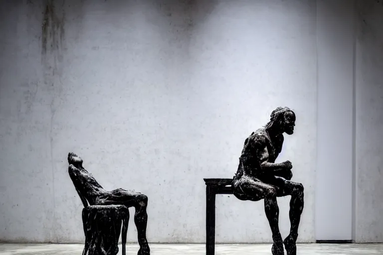 Prompt: a sculpture of a person sitting on a top of the chair, a white marble sculpture covered with floating water by nicola samori, behance, neo - expressionism, marble sculpture, apocalypse art, made of mist