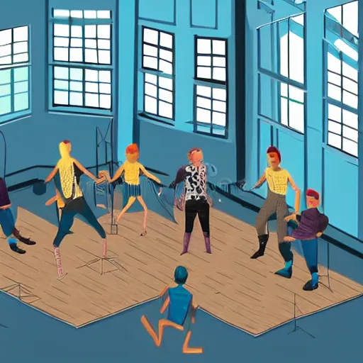 Image similar to group of cyborgs dancing in a 1 8 th century room, one cyborg eating snacks close to camera, city outside large windows, daytime, happy, cables everywhere, wooden parquet, old furniture, cute, childrens book illustration