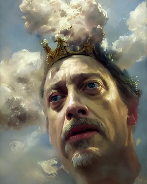 Image similar to beautiful detailed expressive impressionistic oil painting portrait of ancient roman god emperor steve buscemi ascending into the clouds wearing the civic crown, renaissance painting, art by anders zorn, wonderful masterpiece by greg rutkowski, expressive brush strokes, beautiful cinematic light, american romanticism by greg manchess, jessica rossier