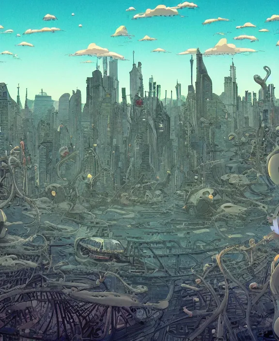 Prompt: simplicity, city skyline made out of sea slugs, in the style of a spaceship, skeletons, partly cloudy, spooky, dramatic lighting, by geof darrow, bill sienkiewicz, dan mumford, yusuke murata, makoto shinkai, ross tran, cinematic, unreal engine, cel shaded, featured on artstation, pixiv