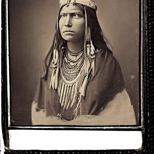 Image similar to daguerreotype ambrotype of a native american high priestess very intricate, highly detailed,