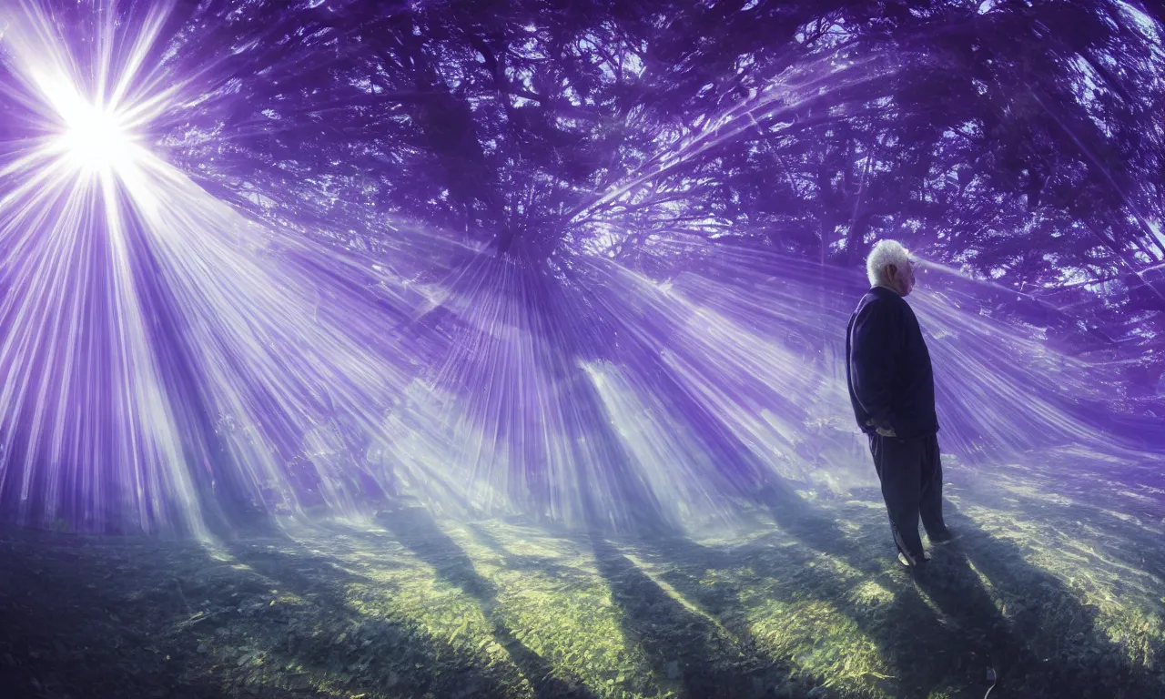 Image similar to a photo of an old man in purple god rays looking sad with a zoomed in fish eye, ultra wide lens, photorealistic, 4 k, 8 k, ultra hd.