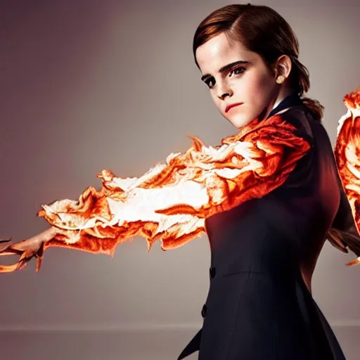 Image similar to Emma Watson in suit made of fire, 8k UHD, studio photography, high quality, high detail, stunning lighting