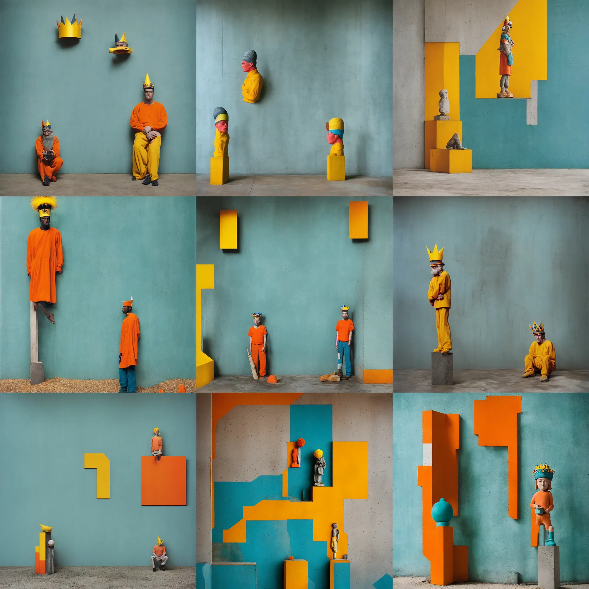 Image similar to kodak portra 4 0 0, 8 k, shot of a highly detailed, britt marling style, colour still - life portrait of a large minimalistic room, rough concrete walls, a single rough carved wooden teal and orange striped coloured statue is standing on a concrete podest with a yellow crown on his head, muted colours