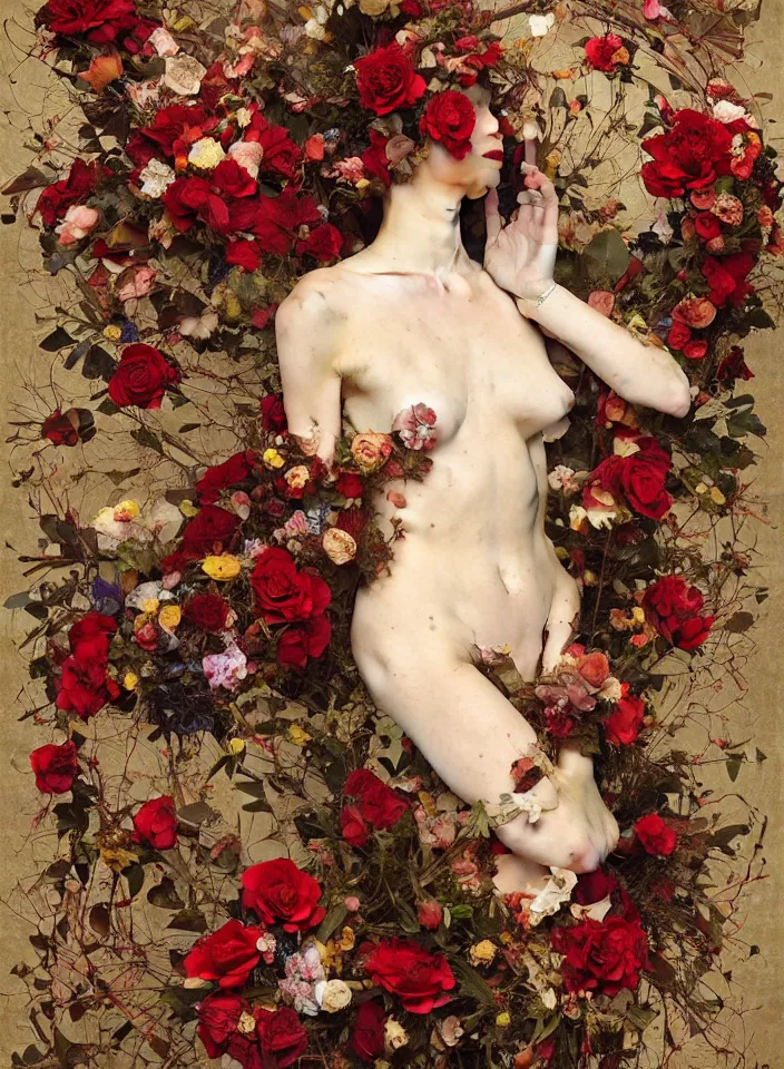 Prompt: a mannequin with wreath of flowers on head, dressed in dress made of red liquid wax, bones, rose petals, flying birds, dark classic interior, full-length, wide angle, epic, oil painting in a renaissance style , very detailed, red background, painted by Caravaggio, Greg rutkowski, Sachin Teng, Thomas Kindkade, Alphonse Mucha, Norman Rockwell, Tom Bagshaw.