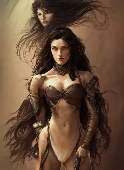 Image similar to portrait of a ruggedly handsome female witch, soft hair, muscular, half body, leather, d & d, fantasy, intricate, elegant, highly detailed, digital painting, artstation, concept art, smooth, sharp focus, illustration, art by artgerm and greg rutkowski and alphonse mucha