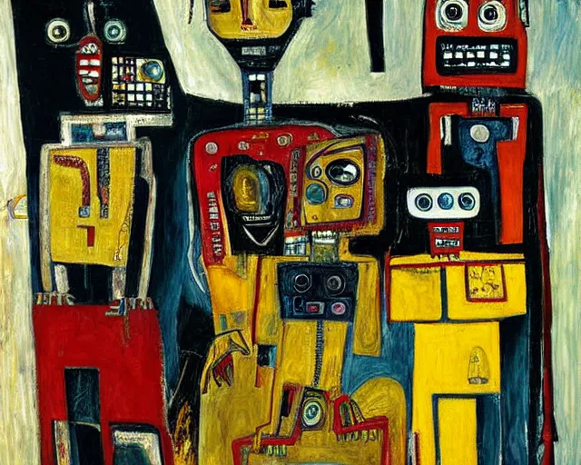 Image similar to a painting of a robot family in a living room by graham sutherland, egon schiele, basquiat, neo - expressionism