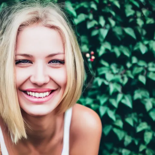 Prompt: photography of a georgous blonde girl smiling at the camera