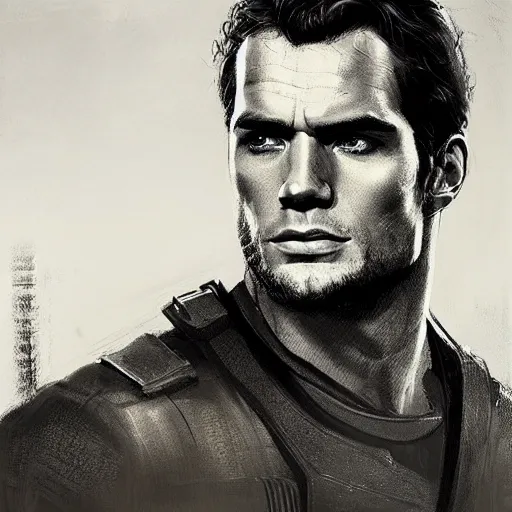 Image similar to “Portrait of Henry Cavill by Greg Rutkowski, he is about 20 years old, norwegian, short blond hair, young, manly, attractive, strong, older brother vibes, he is wearing futuristic military fatigues, highly detailed portrait, scifi, digital painting, artstation, concept art, smooth, sharp foccus ilustration, Artstation HQ”