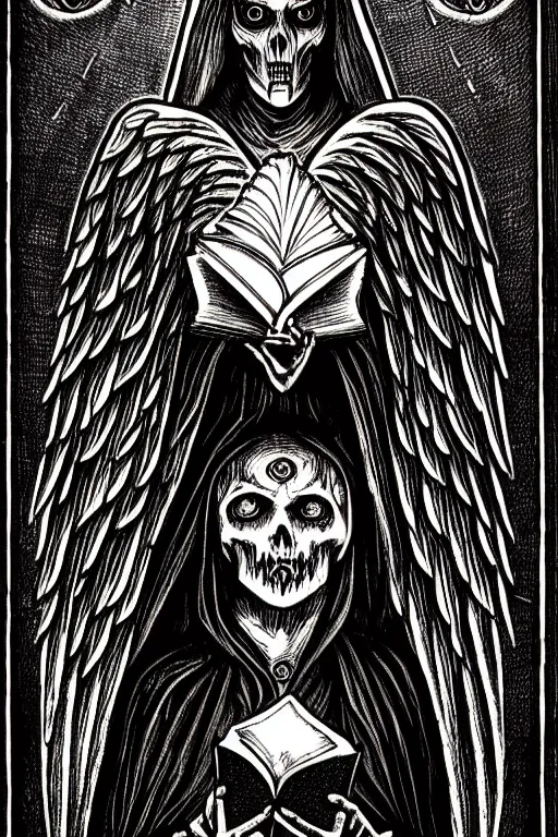 Prompt: dark angel holding a book of necronomicon, tarot card, symmetrical, cinematic, sharp focus, 4 k, ultra hd, sense of awe, sinister demonic atmosphere, dreadful, forbidden knowledge, old gods. demonology