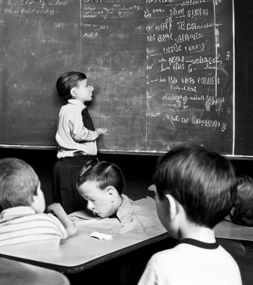 Image similar to photograph of a child at the blackboard , the teacher looks at him , 1950s , photograph by Erwin Olaf,-W 1024